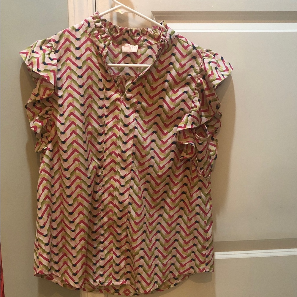 Chevron Ruffle Sleeve Top - Pink and Green